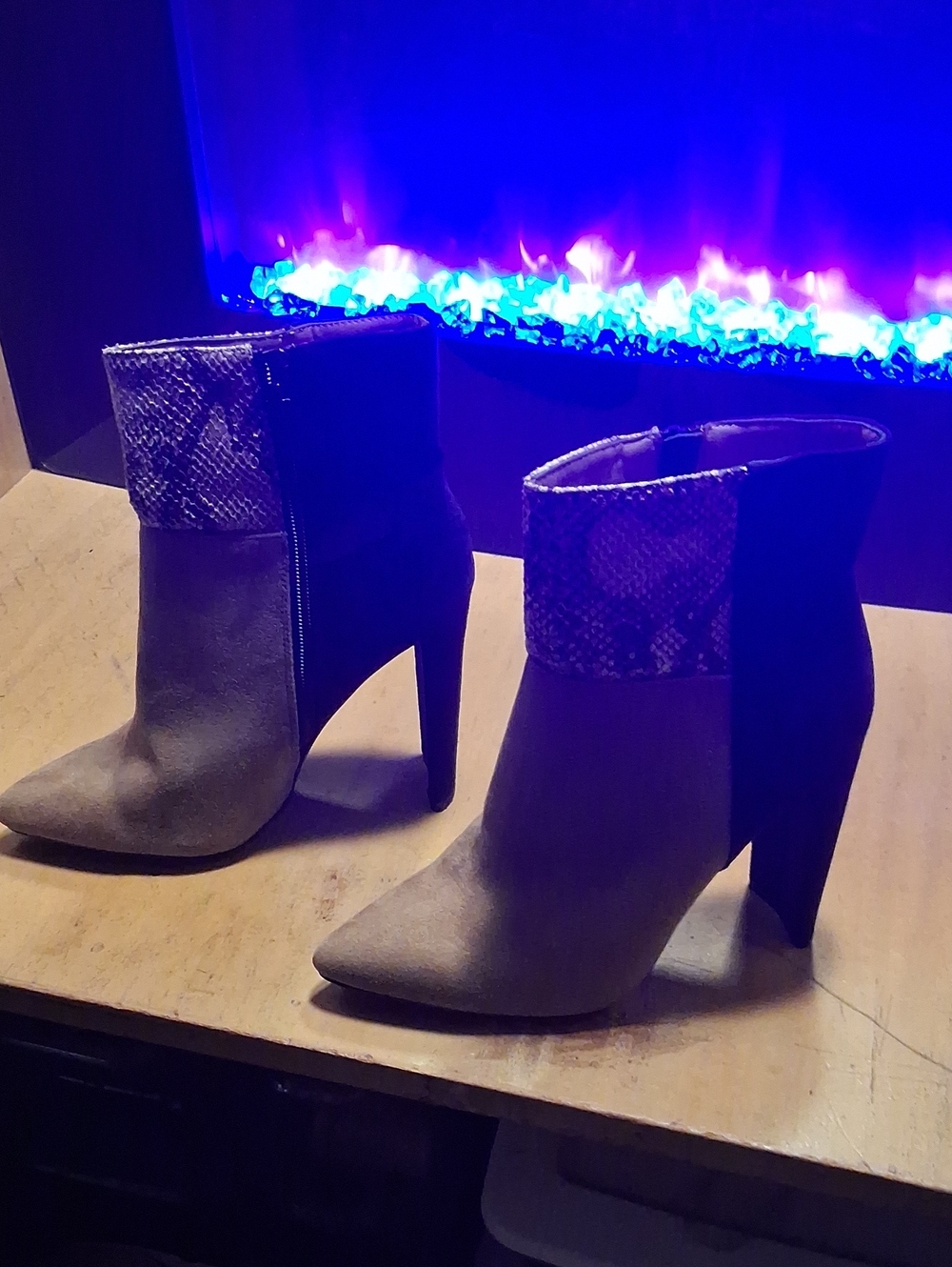 JustFab Gray Suede Pointed-Toe Ankle Boots with Snakeskin Cuff